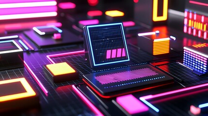 Neon-lit digital interface with glowing screens and abstract shapes, futuristic technology.