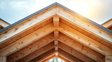 new wooden house frame, bathed in sunlight, symbolizing construction, hope, growth, and the beginning of a new chapter in life and development