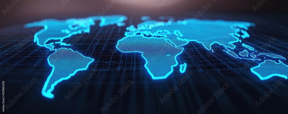 Aufkleber map atlas concept. a futuristic digital world map glowing with vivid blue lines and intricate patter