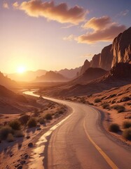 Fototapeta premium Winding road through desert landscape at sunset, sandy dunes, sunset
