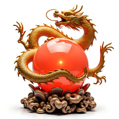 Obraz premium Majestic golden dragon embracing a glowing orb of power, 3d rendering of fantasy art concept.