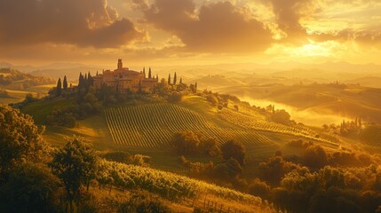 Golden sunlight bathes the picturesque vineyards of Tuscany as it sets behind a charming hilltop villa. Lush green fields stretch endlessly, embodying the serenity of nature at dusk