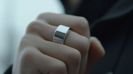 smart ring on a finger, symbolizing the integration of technology and personal health. The ring monitors vital data, representing modern advancements in wearable tech and wellness