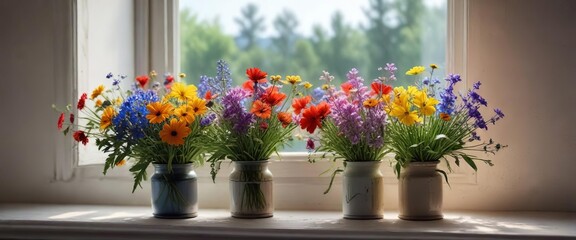 A beautiful bouquet of mixed wildflowers on a windowsill , , arrangement, home decor