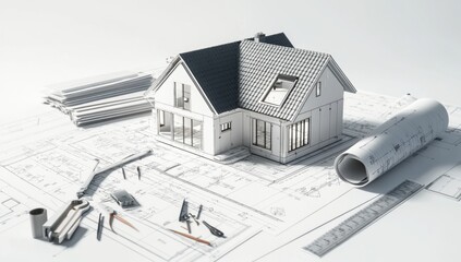 Model House on Architectural Blueprints