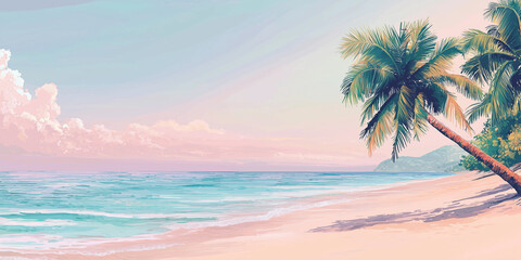 Tropical beach background banner. Palm tree along the beach of beautiful tropical water and sky great for a backdrop or banner with copy space 