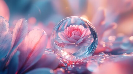 A delicate pink flower enclosed within a crystal-clear droplet, resting on soft pink petals, captured in gentle lighting. The background bokeh adds an ethereal touch, perfect for serene, nature