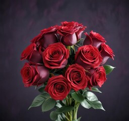 Obraz premium A bouquet of red roses on a dark purple background , floral, roses, Valentine's Day