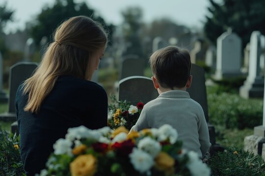 Caucasian mother, child mourn at relative grave in cemetery. Flowers decorate grave. Sadness, grief apparent. Remember lost loved one. Moment of remembrance. Respectful visit. Family gathering.