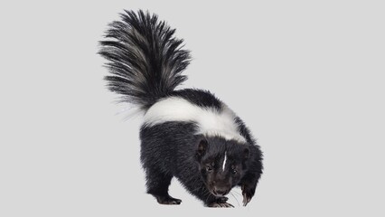 Striped Skunk Closeup. Adorable Classic Black and White Skunk Isolated on White Background
