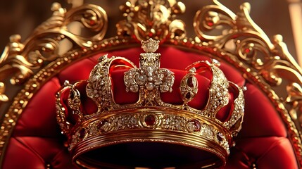 Fototapeta premium Ornate gold crown with jewels rests on a regal red throne.