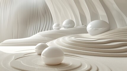 Abstract white spheres on sand zen garden.