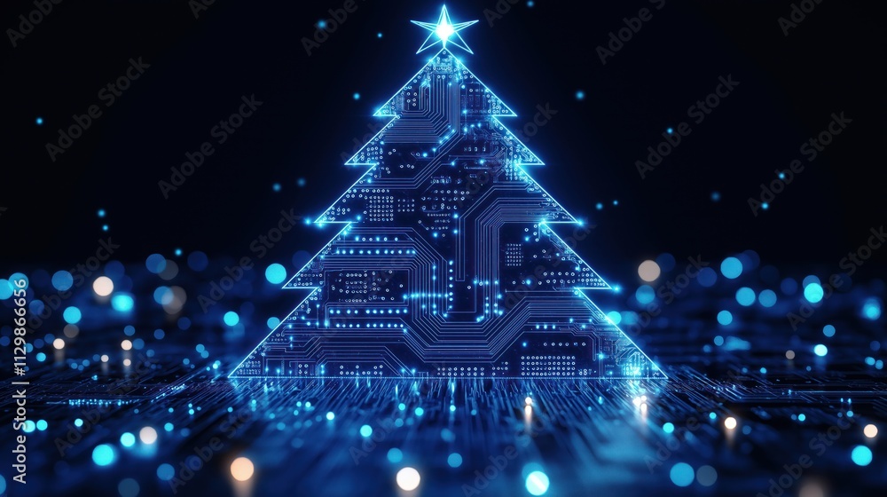 Poster digital luminous blue tech christmas tree. circuit board design. modern xmas concept. futuristic com