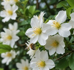 Fototapeta premium A honeybee sipping nectar from a mock orange bloom in an Alaskan garden, alaskan flora, wildflowers