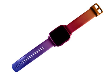 Smartwatch with a square face and a colorful gradient strap. The watch face is black and off. The strap has a textured pattern and multiple adjustment holes for different wrist sizes