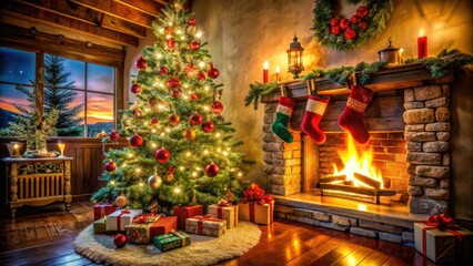 Fototapeta premium Warm firelight dances on stockings and a decorated tree, capturing the cozy essence of Christmas.