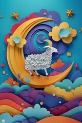 Whimsical D Paper Cut Celebrating Eid alAdha with Joyful Frolicking Sheep under a Crescent Moon