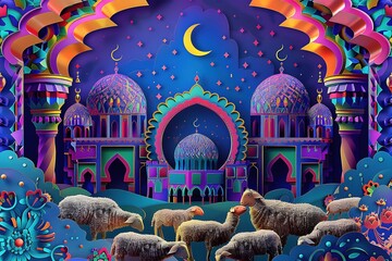 Paper Cut Celebrating Vibrant Eid alAdha with Colorful Islamic Patterns and Gathered Sheep