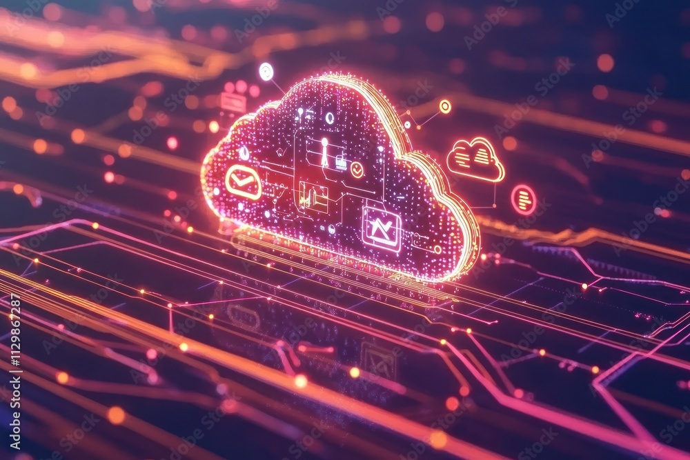 Aufkleber glowing cloud computing network icon over digital circuit board.