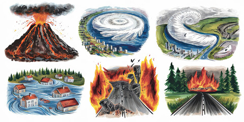 Natural Disasters Volcano Hurricane Flood Wildfire Illustrations