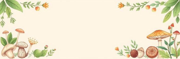 Illustration of intricate medicinal mushroom wreath with adaptogenic plants, perfect for packaging and menu design, design, plants