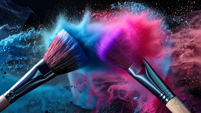 Two makeup brushes colliding with vibrant powder explosion, artistic expression in motion concept