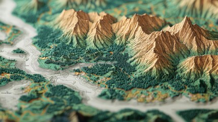 Map atlas concept. Detailed topographical model showcasing mountains and river landscape.