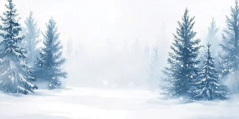 Fototapeta premium Watercolor pine trees background. Banner with hand painted evergreen forest, isolated. Snow winter wonderland illustration. Watercolor winter evergreen pine trees, isolated on white background. Hand p