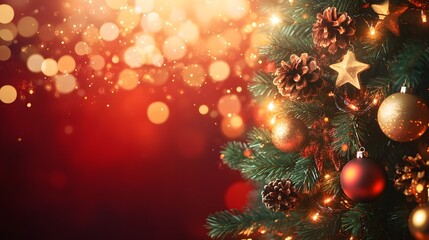 Christmas Tree In Red Shiny Glittering Background - Baubles Hanging On Fir With Abstract Lights,


