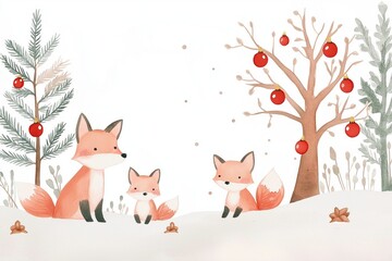 Cute baby animals in winter forest scene. Watercolor illustration shows foxes family in snowy landscape. Christmas woodland scenery with fir trees, red Christmas balls. Perfect for baby shower cards