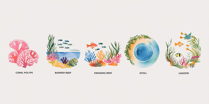 Watercolor Coral Reef Illustrations Atoll Barrier Fringing Reefs Lagoon Polyps