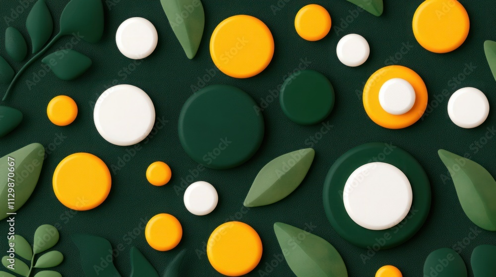 Poster colorful and artistic design featuring circular shapes and leaf patterns on a dark green background 