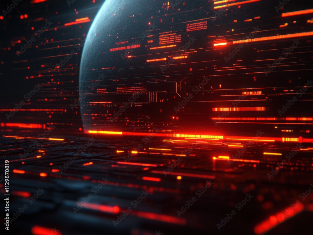 Poster futuristic tech abstract background with glowing lines and planet in space, perfect for sci-fi, cybe