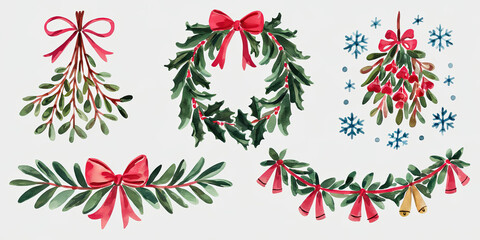 Watercolor Christmas Holly Mistletoe Wreath Decorations