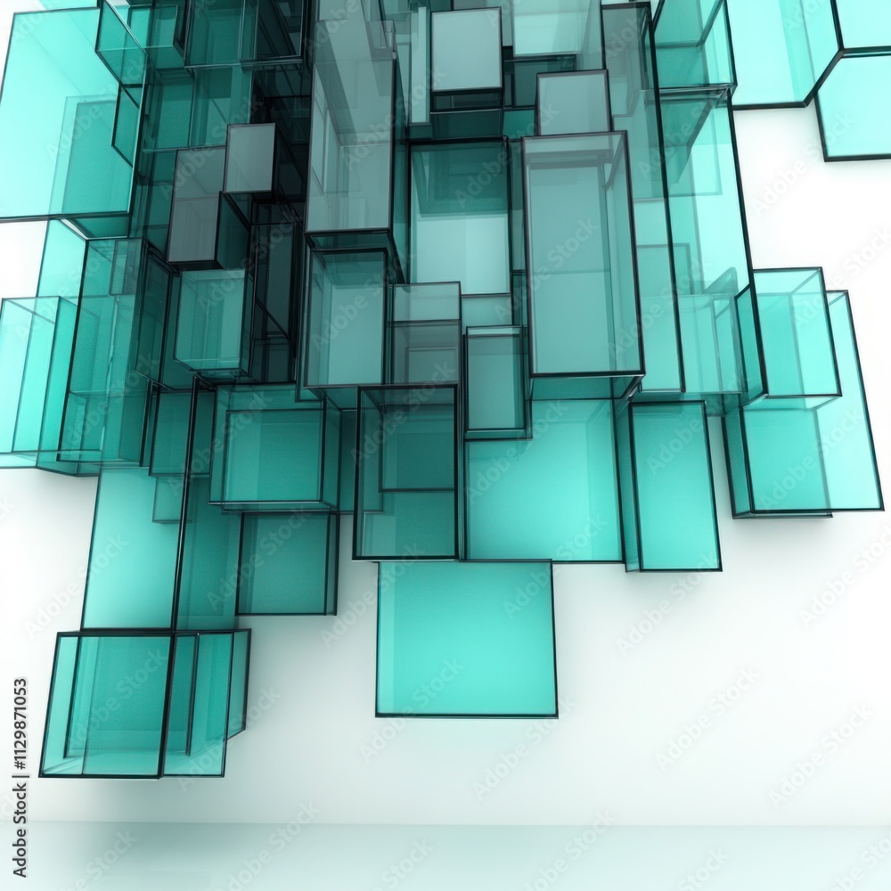 Poster abstract geometric composition of transparent cubes in various shades of blue and green, creating a 