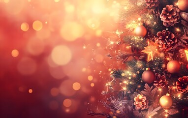 Fototapeta premium Christmas Tree In Red Shiny Glittering Background - Baubles Hanging On Fir With Abstract Lights,