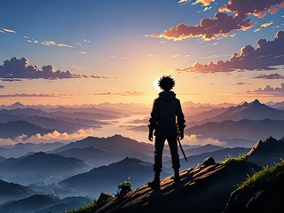 Sunrise, silhouette of a person standing on the top of a mountain. anime art 