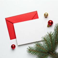 red envelope with blank white card and christmas decorations on white background