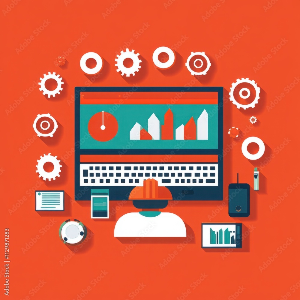 Aufkleber colorful digital workspace featuring computer, charts, and graphs surrounded by creative elements an