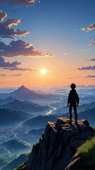 Sunrise, silhouette of a person standing on the top of a mountain. anime art 