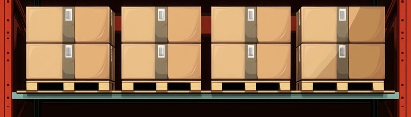 Stacked Cardboard Boxes on Wooden Pallets in a Warehouse Shelf, Perfect for Logistic and Distribution Illustrations in Commercial Usage