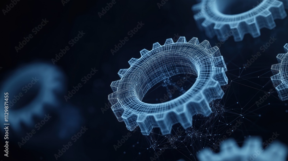Poster abstract digital gear wheels show tech innovation. polygonal mesh, dots create 3d wireframe gear. da