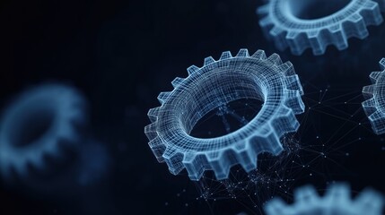 Abstract digital gear wheels show tech innovation. Polygonal mesh, dots create 3D wireframe gear. Dark background. Modern machine engineering concept. Futuristic design. Represents mechanical process.