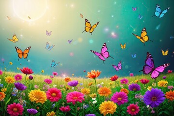 Enchanted Landscape with Colorful Flowers and Dancing Butterflies for Personal Development and Mental Wellness