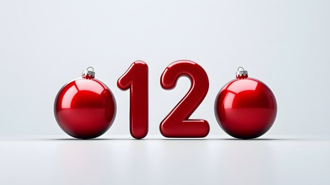 Red Christmas baubles flanking the number twelve against a white background.