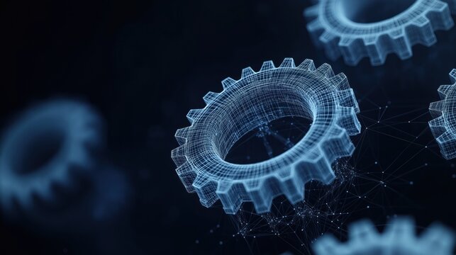 Abstract digital gear wheels show tech innovation. Polygonal mesh, dots create 3D wireframe gear. Dark background. Modern machine engineering concept. Futuristic design. Represents mechanical process.