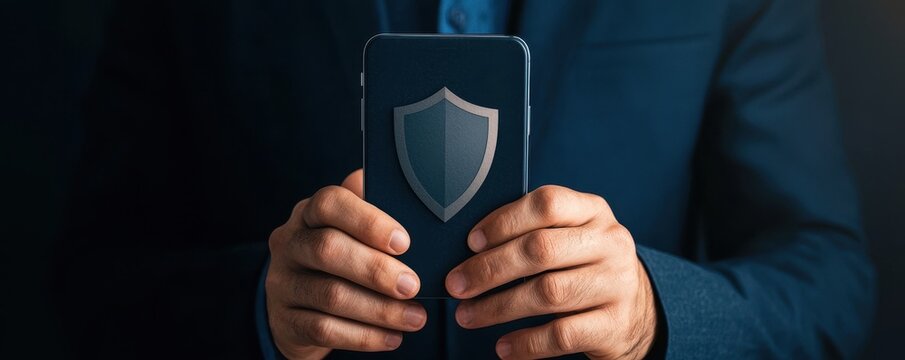 Businessman Holding Smartphone with Security Shield Emblem Design