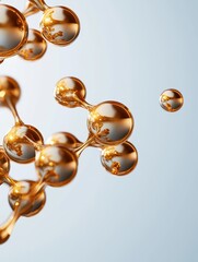 Abstract golden molecules on light blue background in motion