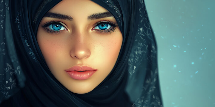 Young Arabian woman in hijab with blue eyes. Yashmak.