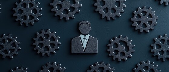 Businessman Figure Surrounded by Gears Representing Industry Concepts